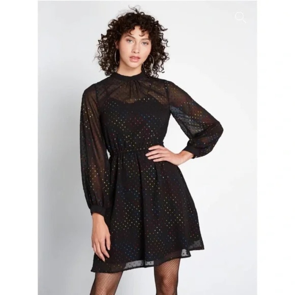 Modcloth Established Aplomb Rainbow Swiss Dot Long Sleeve Dress Size Large
